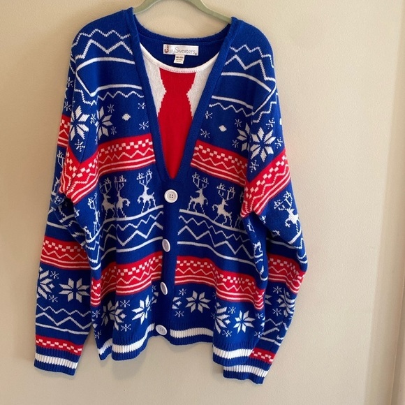 Jolly Sweaters Ugly Christmas Sweater Faux Cardigan Blue Red White Festive XXL - Picture 1 of 4